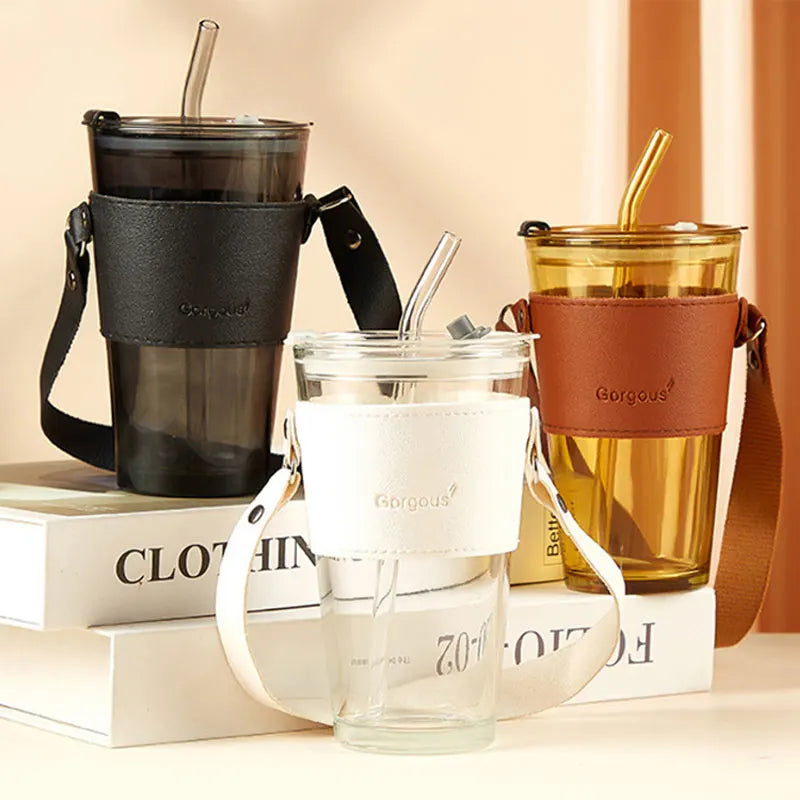 China Manufacturer Slub Black Coffee Mug with Leather Sleeve and Straws