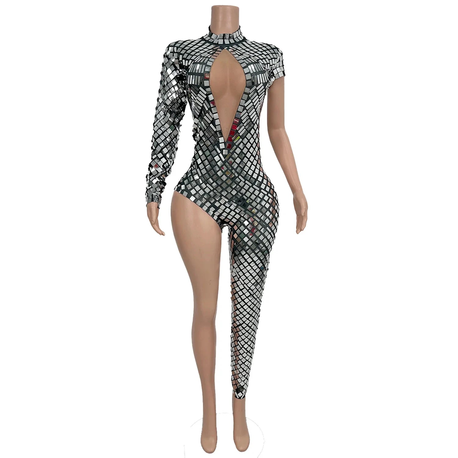 Silver Sequin Bodycon Rompers Ladies Stage Performance Festival Outfit Showgirl Dance Bodysuit Women Club Party Cut Out Jumpsuit