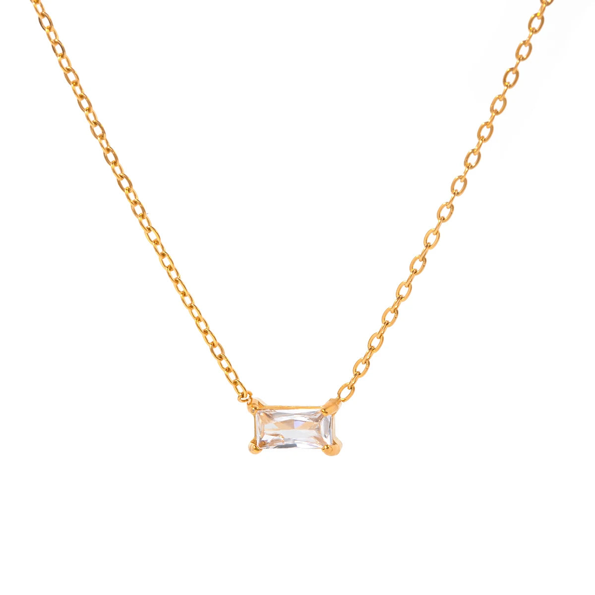 J&D Jewelry Dainty 18K Gold Plated Stainless Steel Rectangle CZ Zirconia Pendant Necklace for Women