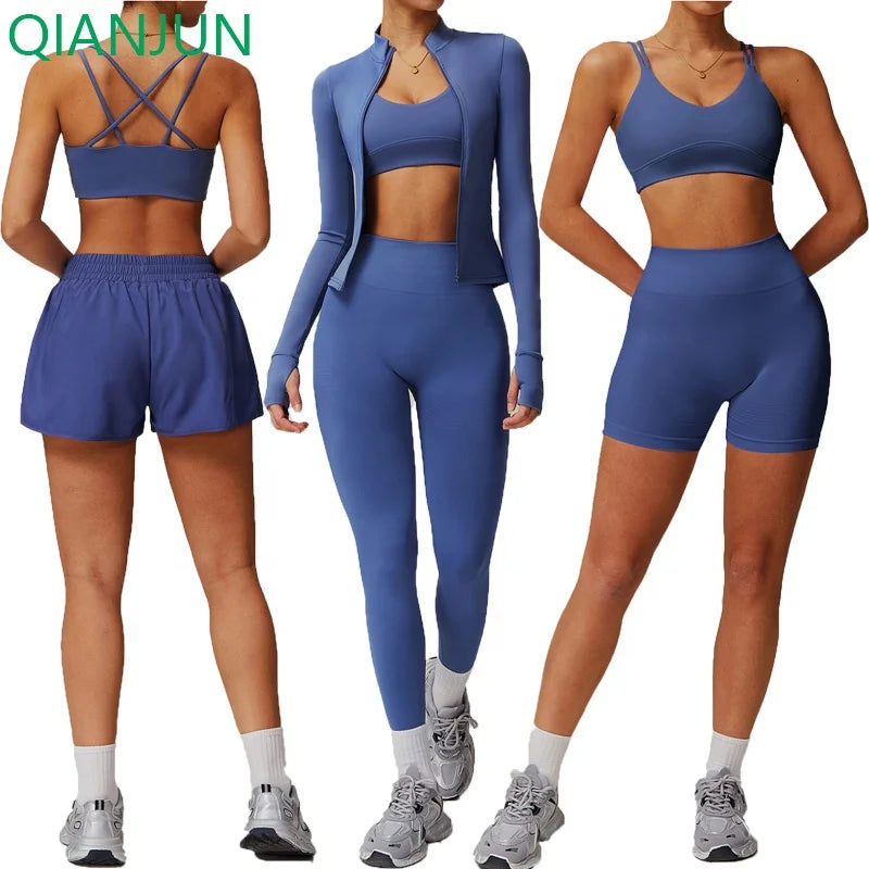 Custom Logo Gym 5pcs Sports Yoga Set for Women Fitness Yoga Set With Zipper Yoga Long Sleeve Leggings Activewear
