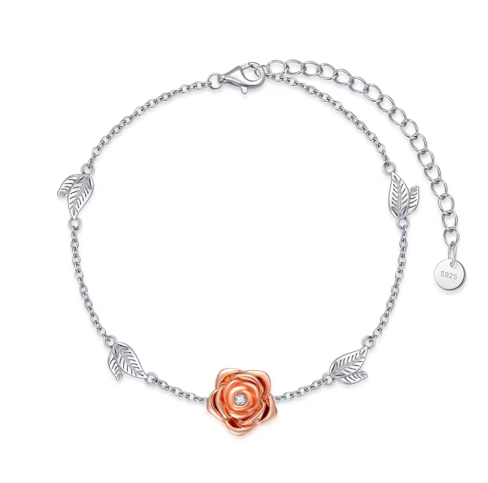 Valentines Day Jewelry 925 Sterling Silver Two Tone Zircon Rose Flower Chain Bracelet for Women