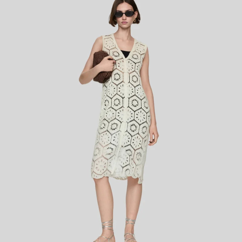 Crochet Hollow Sleeveless Button-Down Dress Trend Matching Fashion Women's Mesh Cape Cutting Sewing Clothing Manufacturers