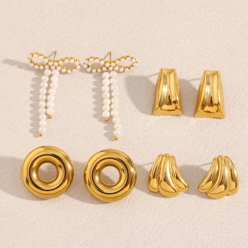 G3970 Wholesale Stainless Steel 18K Gold Plated Pearl Bow Chunky Statement Earrings for Women Fashion Jewelry Stud Earrings