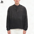 Custom Men's 1 4 Quarter Zip Torn Distressed Faded Wash Ripped Sweatshirt Embossed Puff Printing Mock Neck Pullover for Winter