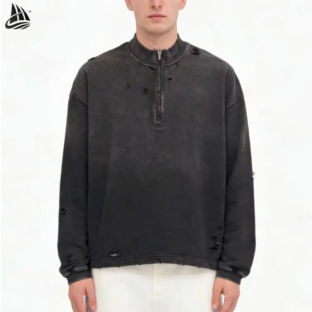 Custom Men's 1 4 Quarter Zip Torn Distressed Faded Wash Ripped Sweatshirt Embossed Puff Printing Mock Neck Pullover for Winter