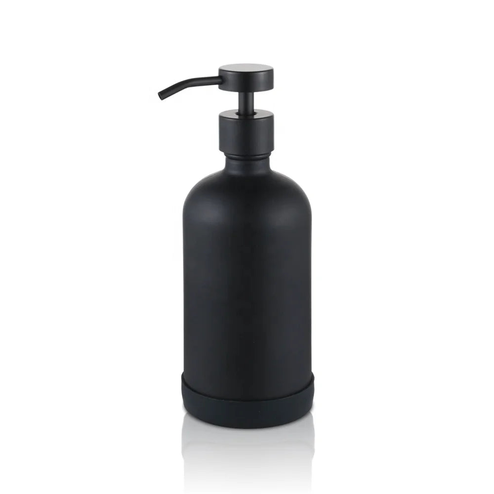 Boston Glass 500 Ml Matte Black Round Shape Matte White Hand with Metal Lid 28 mm Hand Soap Pump