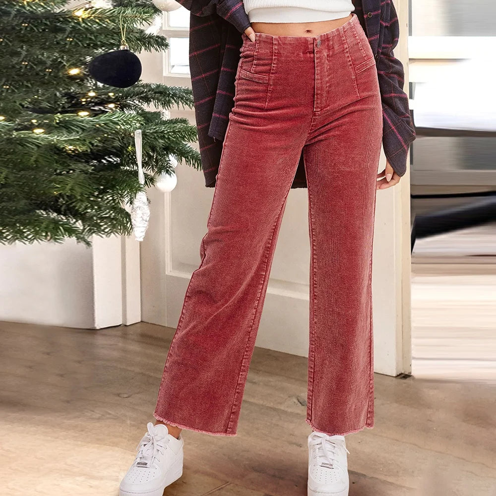 Spring Summer Mid Waist Edge Breathable Eco-Friendly Pink Color Mixed Woolen Washed Streetwear Washable Ruffles Flare Jeans