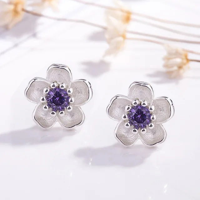 SC Silver Plated Earrings Korean Elegant Zircon Earrings Silver Color Crystal Flower Stud Earrings for Women Gift