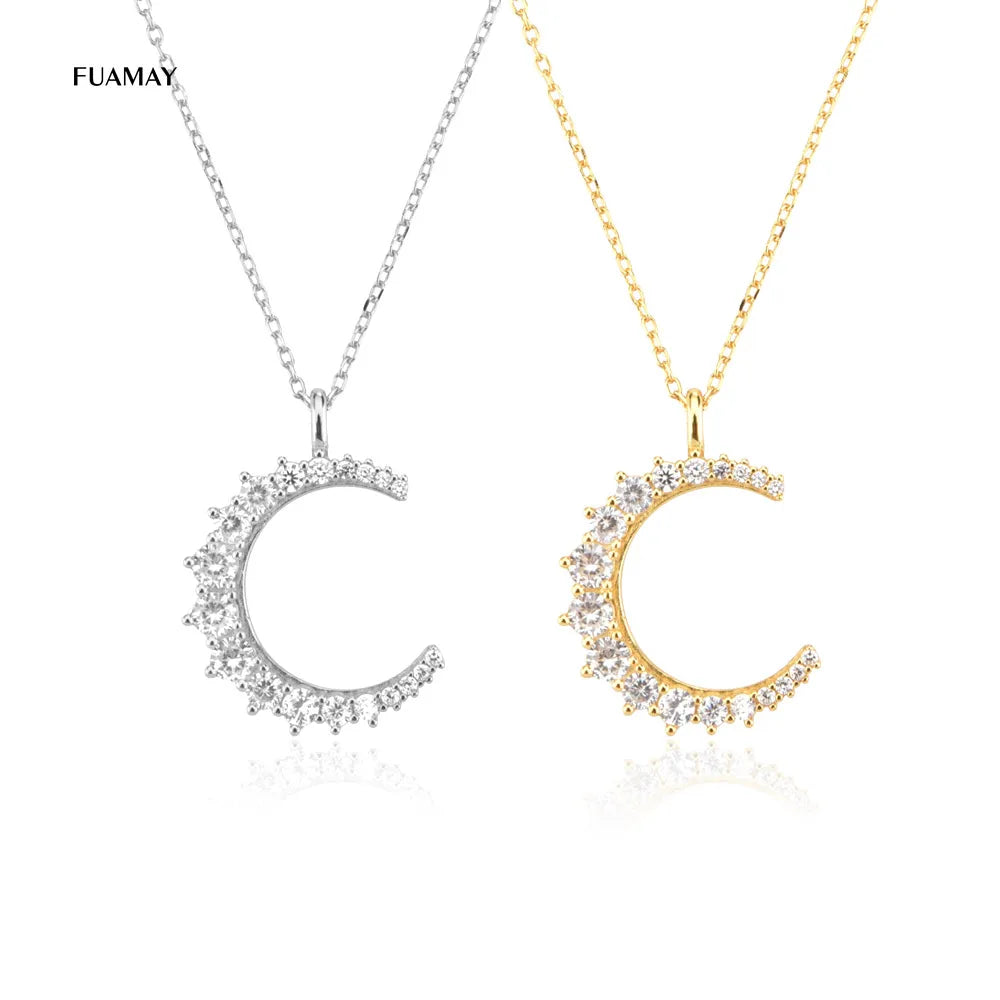 FUAMAY 925 Sterling Silver Platinum Gold Plated Long Link Chain Celestial Zircon Moon Choker Necklace Party Gift Jewelry
