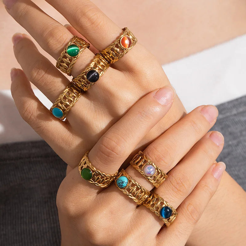 Creative Waterproof Fashionable Geometric Ring Stainless Steel Hollow Adjustable Colorful Cat Eye Stone Turquoise Open Ring