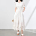 Custom Lace Trim Shorts Sleeve Midi Dress Women's Elegant Skirts Cotton A-line Dress
