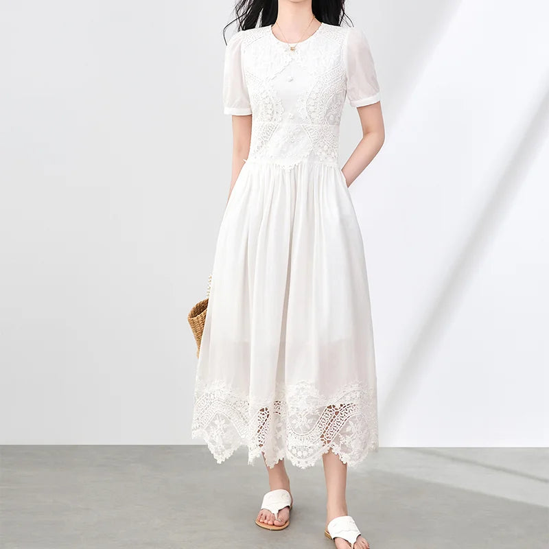 Custom Lace Trim Shorts Sleeve Midi Dress Women's Elegant Skirts Cotton A-line Dress