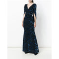 Navy Blue Korean Velvet Solid Vintage A-Line Ladies Maxi Dress 3/4 Long Party Plus Size Viscose Material Natural Waistline Front