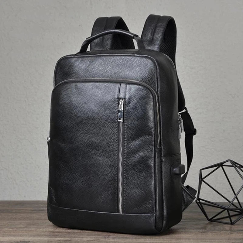 Dropshipping Leather Backpack Travel Bagpack Genuine Leather Men's Causal Daypack Cowhide Laptop Backpacks WIth USB Connector
