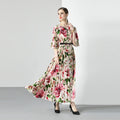 Women's Elegant Summer Vacation Dress Floral Rose Print Bohemian Lady Long Chiffon Ruched Waistline Natural Woven