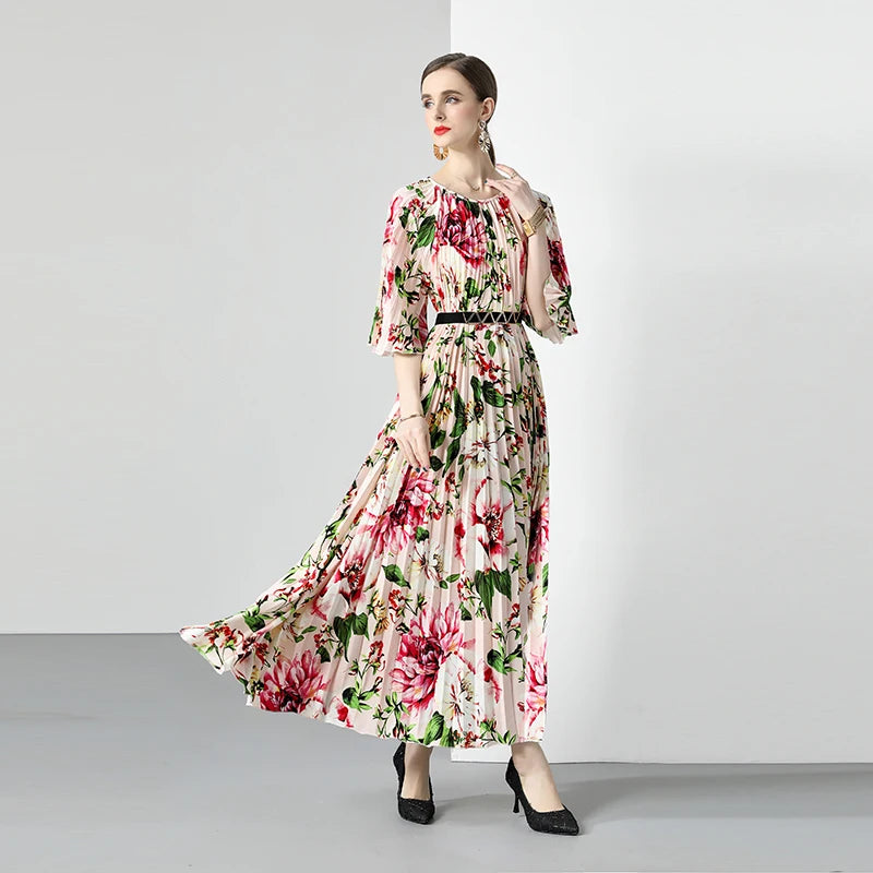Women's Elegant Summer Vacation Dress Floral Rose Print Bohemian Lady Long Chiffon Ruched Waistline Natural Woven