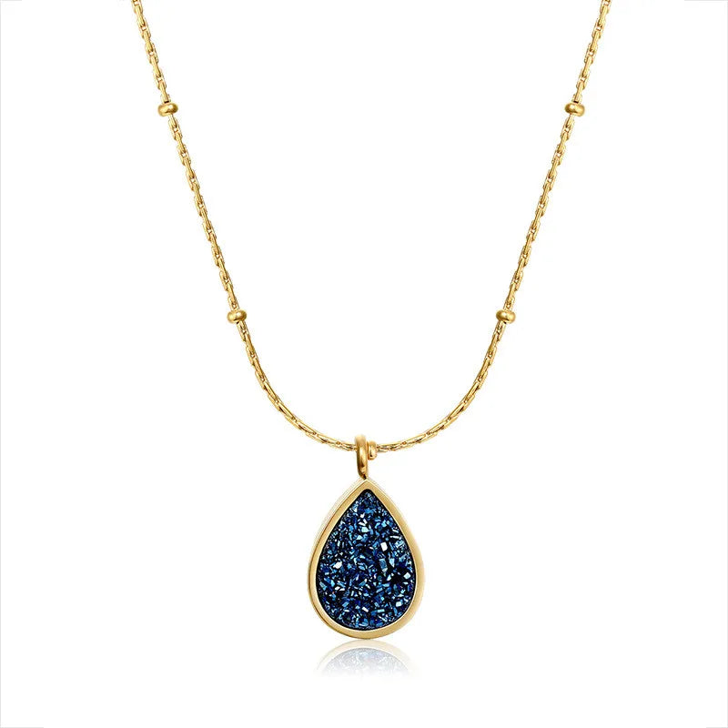 Dream Blue Crystal Bud Starry Sky Magic Drop Pendant Round Bead Chain Necklace Clavicle Chain Titanium Steel Plated 18K