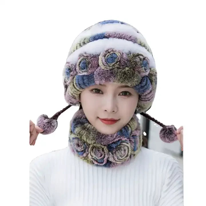 Sample Support Women's Fashion Rex Rabbit Fur Hat and Scarf Set Hand Knitted Winter Head Warmer with Scarf for Sports Parties