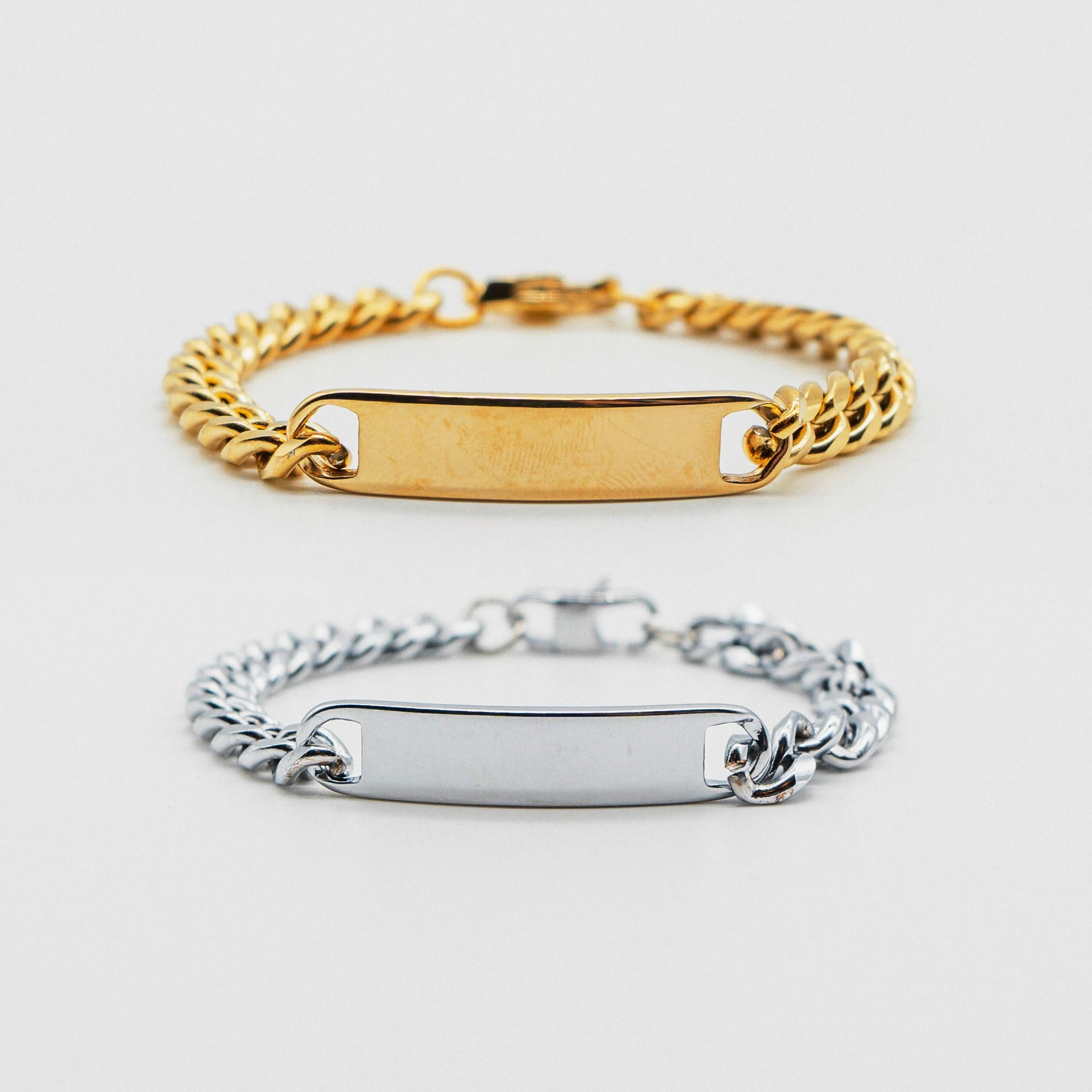 Customized Name Bar ID Bracelets for Men Women 18k Gold Plated Personalized Engraving Cuban Chain Bar Bracelet 8mm