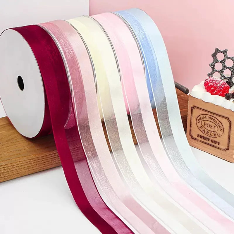 2.5cm Half Satin Half Yarn Ribbon for Flower Wrapping or Birthday Cake Ribbon Roll