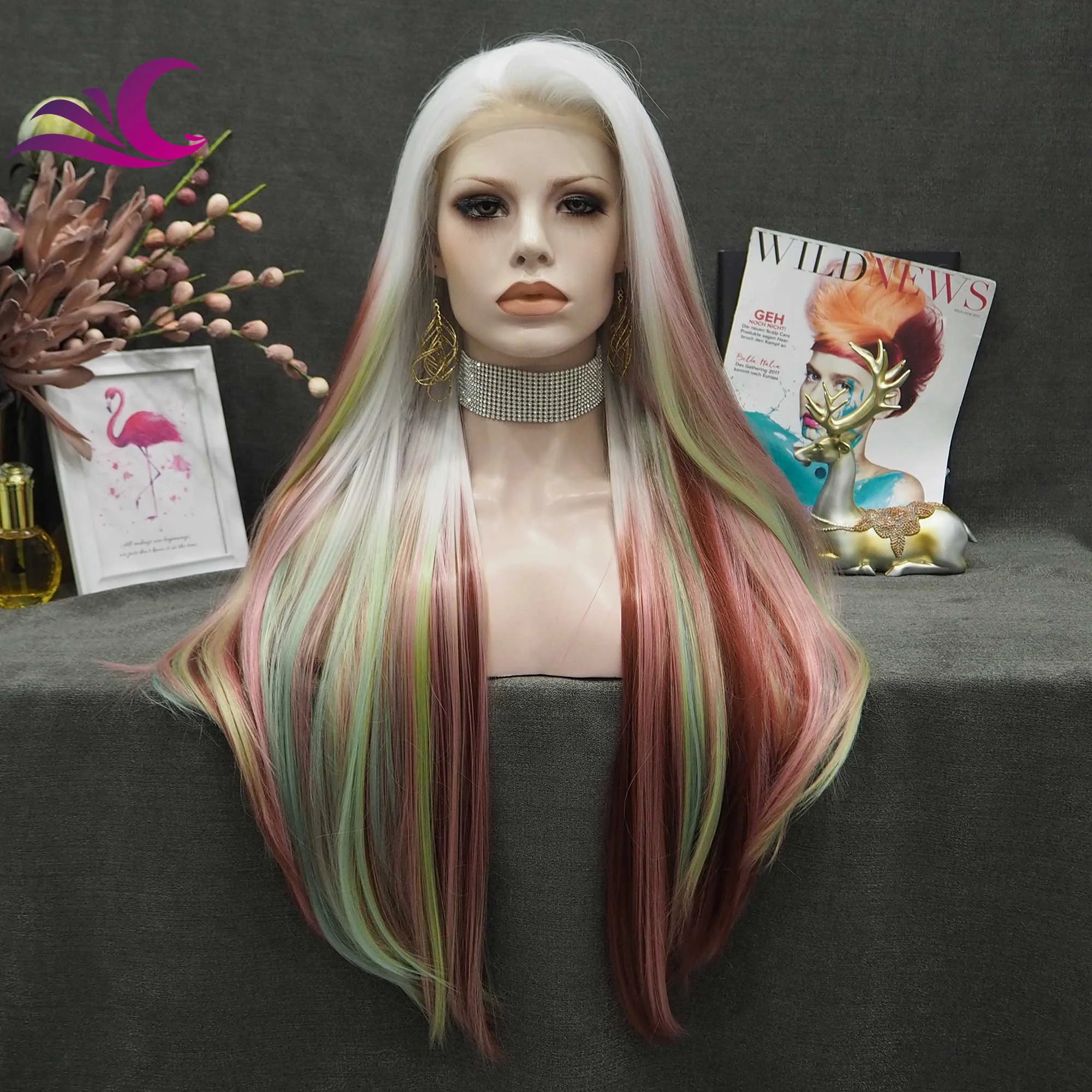 Celebrity Popular Multicolor Ombre White Color Synthetic Wig Silky Straight Hair High Temperature Fiber Wigs for Drag Queen