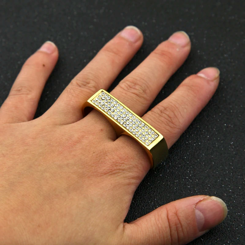 Men's Hip Hop Cool Two Finger Iced Bling Rhinestone Gold Silver Ring Fashion Polish Ring Jewelry Party Gift Jewelry Size 9 10