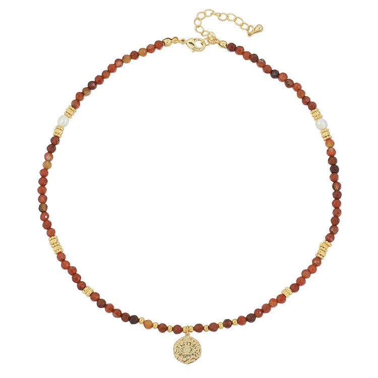 Vintage Brown Natural Stone  Chain Necklace Gold Plated Round Devil's Eye Pendant Necklace