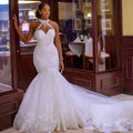 Arabic Vintage Lace Beaded Wedding Dresses Sheer Neck Halter Mermaid Bridal Dresses Long Tail Cheap Wedding Gowns MW15