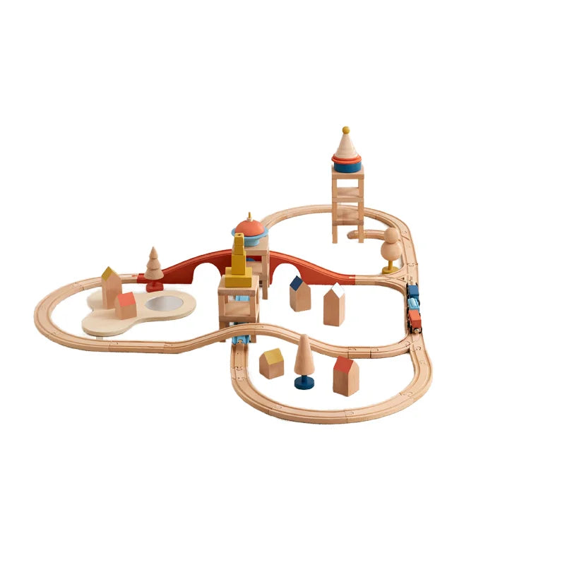 Asweets Deluxe Wooden Toy Train Set Ladder Track Car Vehicle Slot Building Blocks Educational Carrier Kids Age 3 96pcs Sentt