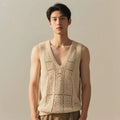 Men's Openwork V-Neck Linen-Cotton Knit Vest Lightweight Sleeveless Summer Sweater