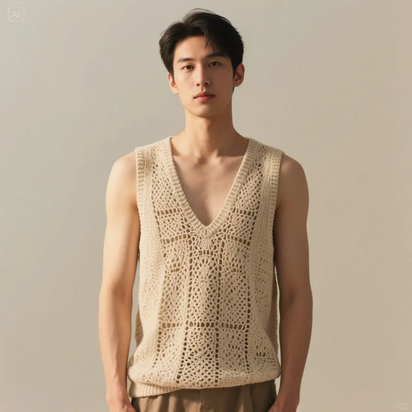 Men's Openwork V-Neck Linen-Cotton Knit Vest Lightweight Sleeveless Summer Sweater