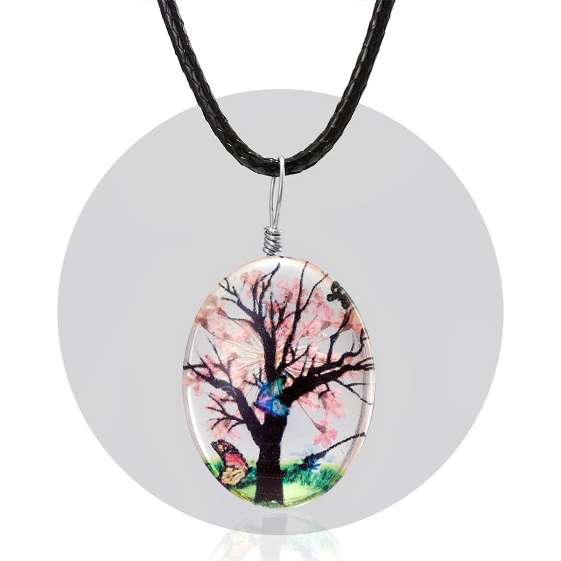 Classic Leather Rope Glass Tree butterfly Dried Flower Pendant Necklace Jewelry for Women Gift