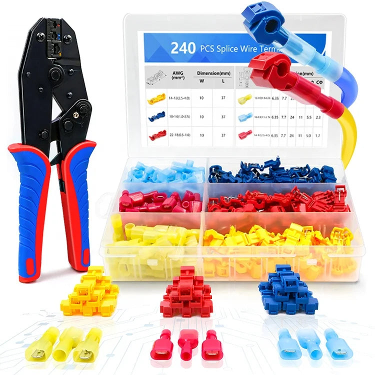 240PCS 22-10AWG T-Tap Spade Splice Clip Cable Wire HS30J Self Adjusting Crimper Terminal Connector Crimping Pliers Tool Set