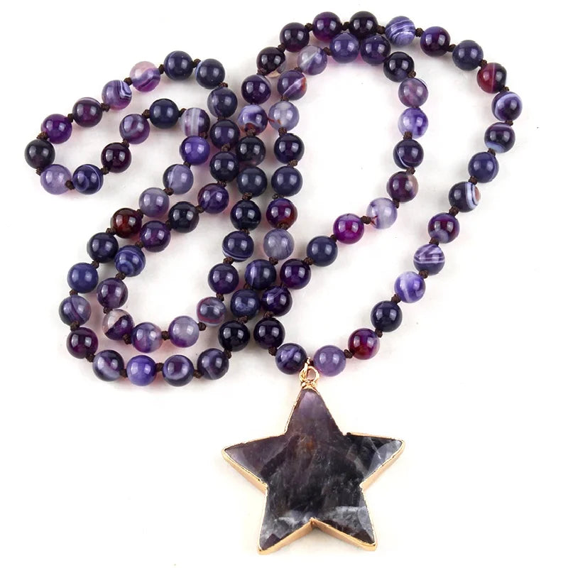 Fashion Statement Long Knot 8mm Jewelry Tiger Eye Purple Gemstone Necklace Natural Stone Star Pendant  Necklace