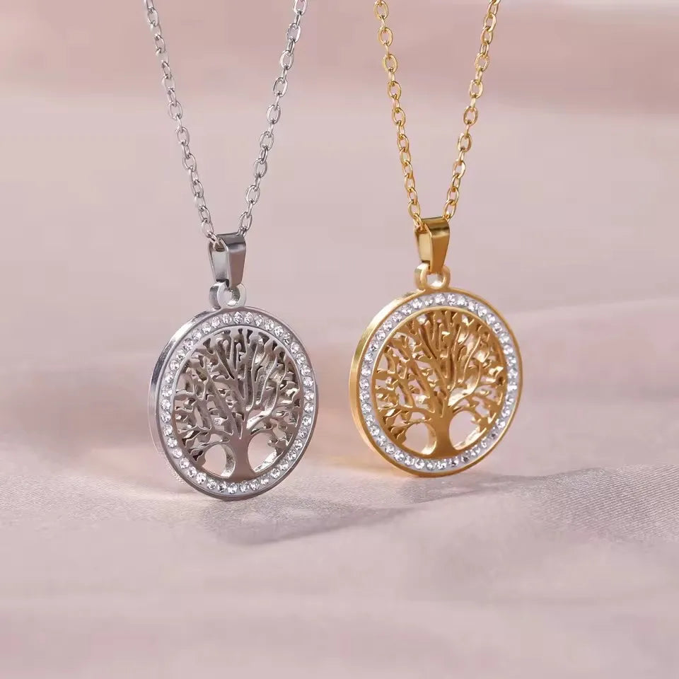 Tree Pendant Necklace for Women Stainless Steel Gold Color Clear Zircon Round Pendant Neck Chains Luxury Wedding Gift