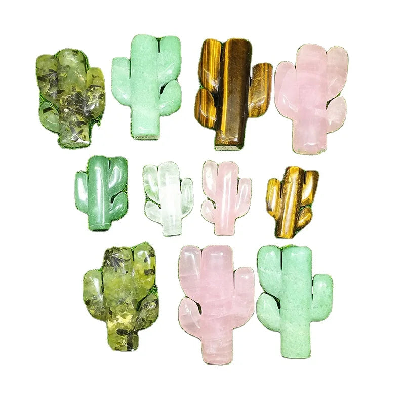 7-10cm Hand Carved Natural Cactus Rose Quartz Green Aventurine  Crystal Cactus Carvings Nicely Detailed for Collection and Gift