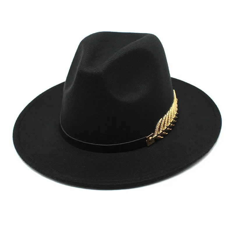 European American Gold Feather Decoration Women Imitate Woolen Fedora Hat Jazz Autumn Winter British Vintage Fedora Hats