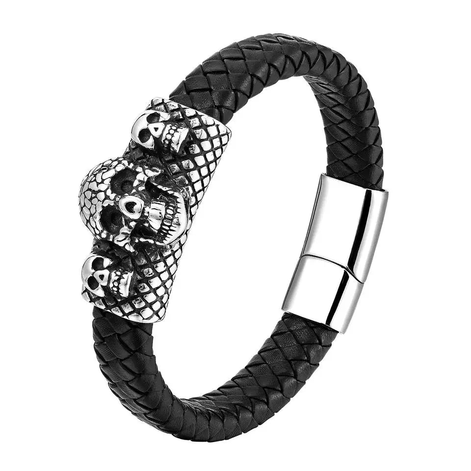Trendy Black Woven Genuine Leather Real Leather Bracelet Engraved Skull Bracelets With Magnetic Buckle for Men OT-156