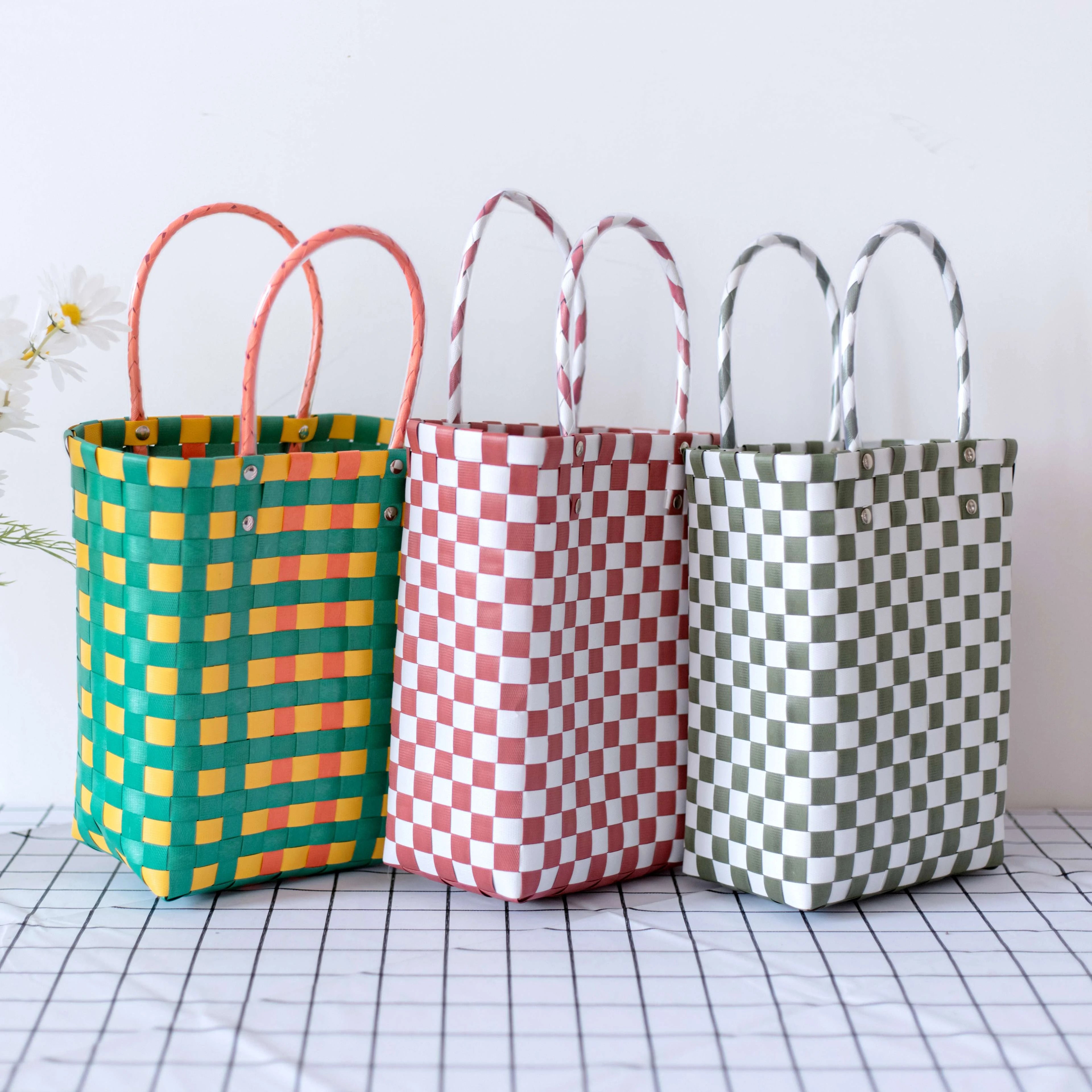 2026 New Rectangle Small Plastic PVC Vegetable Basket Hand-made Foldable Eco-Friendly Waterproof Customized Logo Storage