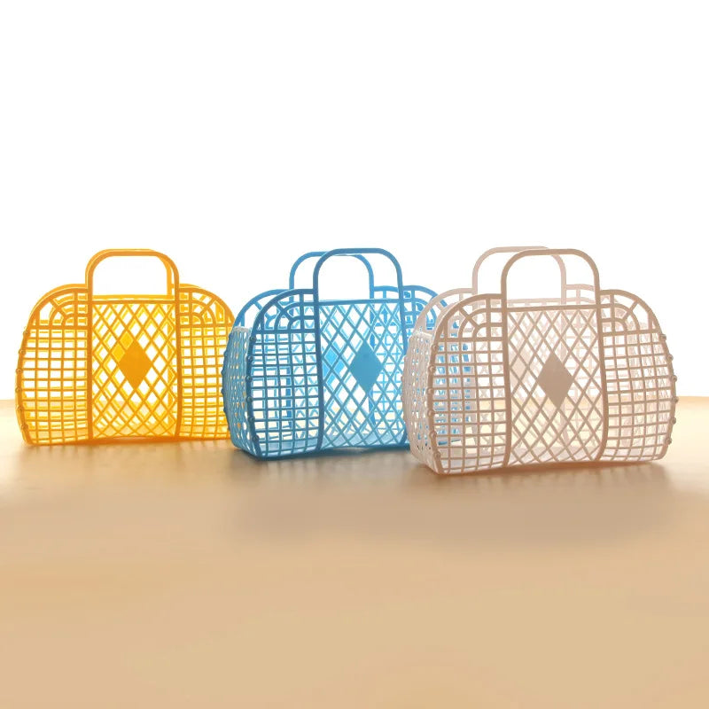 Custom LOGO Retro Vintage Foldable Plastic Pvc Jelly Basket Tote Bag Beach Bag Handbag Purse for Girls Women Party Favor Bags