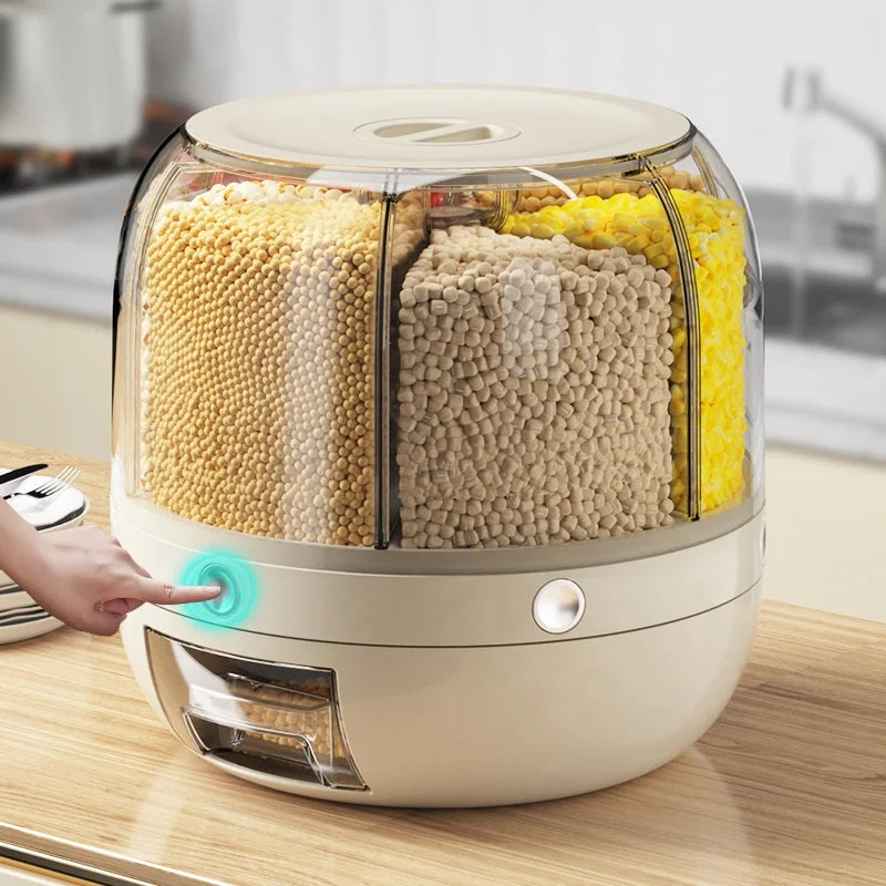 Kitchen Moistureproof Plastic 6-Grid Rotating Food Grain Dispenser Cereal Storage Box Rice Container Household 10-20L Modern