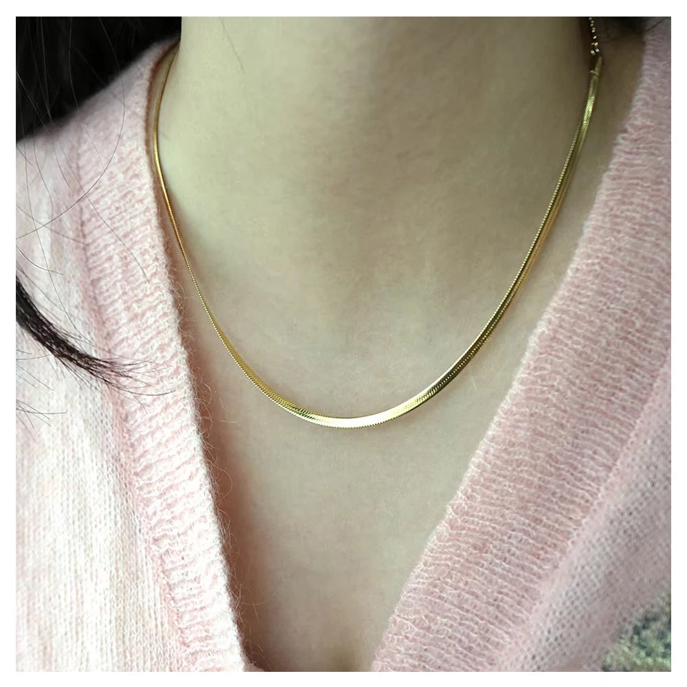 Non Allergenic Stainless Steel Jewelry 14K Gold Chain High Polish Herringbone Chain Choker Necklace Women