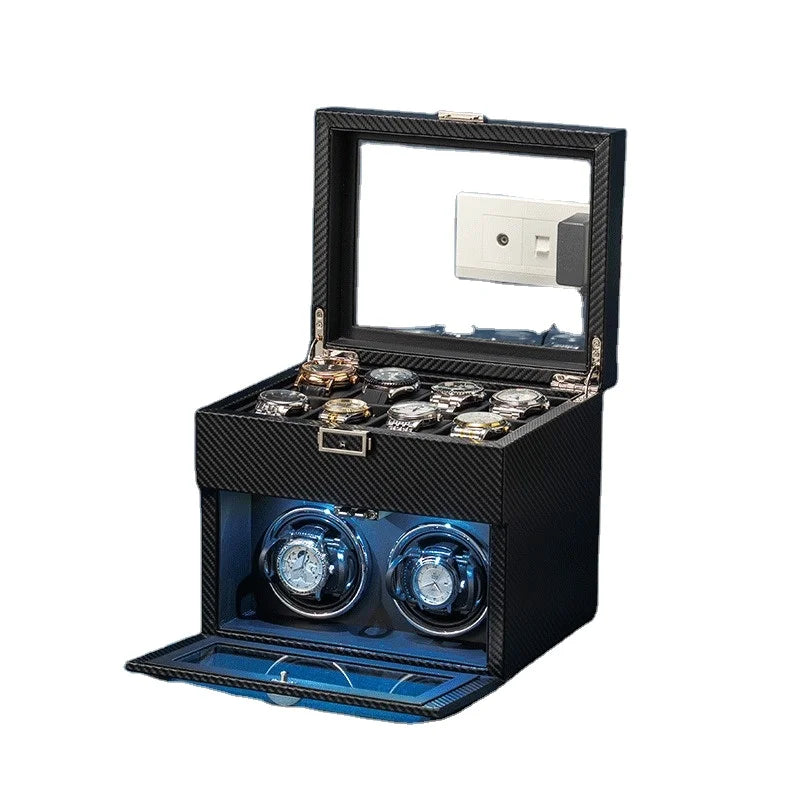 Luxury 8-Watch 2-Winder Running Organizer Auto-Stop LED Wood/MDF/PC Watch Storage Box with Luxury Leather Case