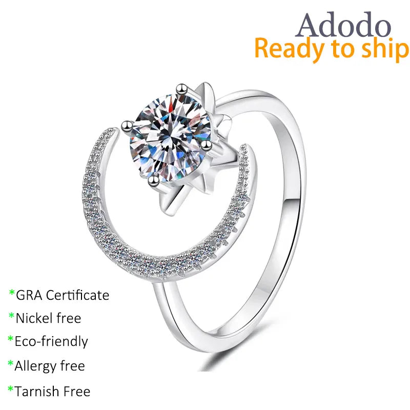 Wholesale Fashion 1 Carat VVS D Color Moissanite S925 Sterling Silver Adjustable Open Ring Dreamy Stars Moon Jewelry for Women