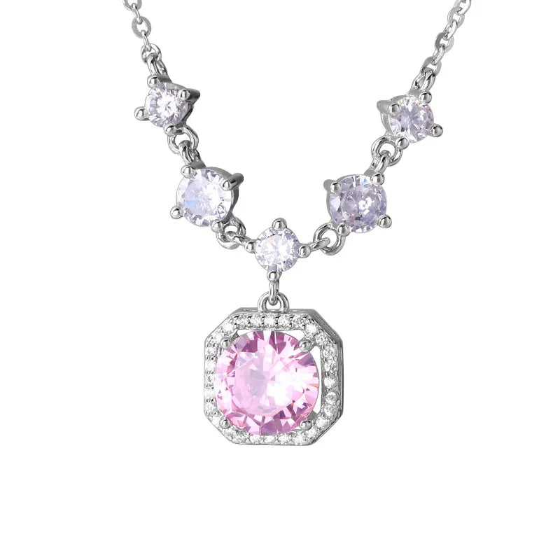 Pink Square Cubic Zirconia Diamond Pendant Necklace 925 Sterling Silver Dainty Necklace