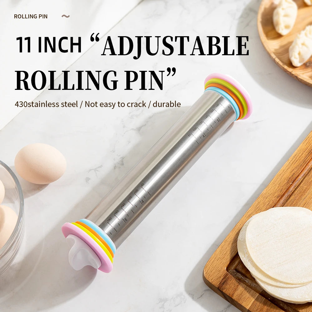 11 Inch 430 Stainless Steel Adjustable Rolling Pin with Rings Design Eco-Friendly Cookie Baking Fondant Cake Baker