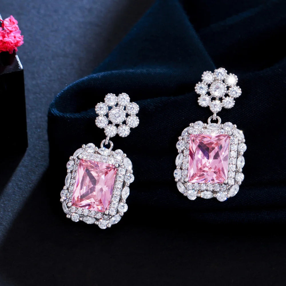 Cute Romantic Big Pink Cubic Zirconia Crystal Women Party Drop Earrings Trendy Silver Plated Engagement Jewelry