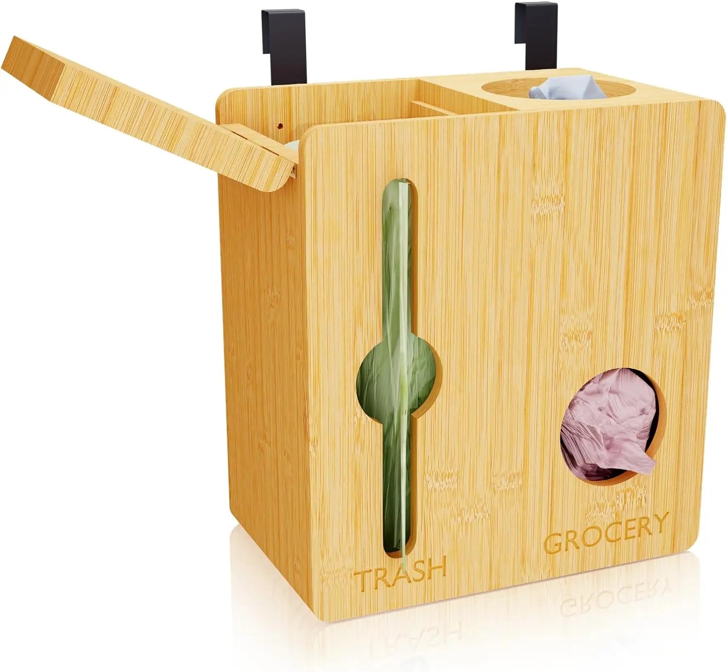 Bamboo Wall Mount Plastic Bag Holder Organizer 2 in 1 Trash and Grocery Bag Dispenser Kitchen Cabinet Organizers and Storage