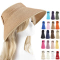 Sun Visor Hats for Women Wide Brim Straw Roll-Up Ponytail Summer Beach Hat UV UPF Packable Foldable Travel