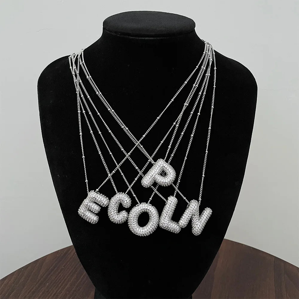 Fashion Stainless Steel Round Bead Chain Alphabet Necklaces Gold Plated Cubic Zirconia CZ Bubble Initial Letter Necklace